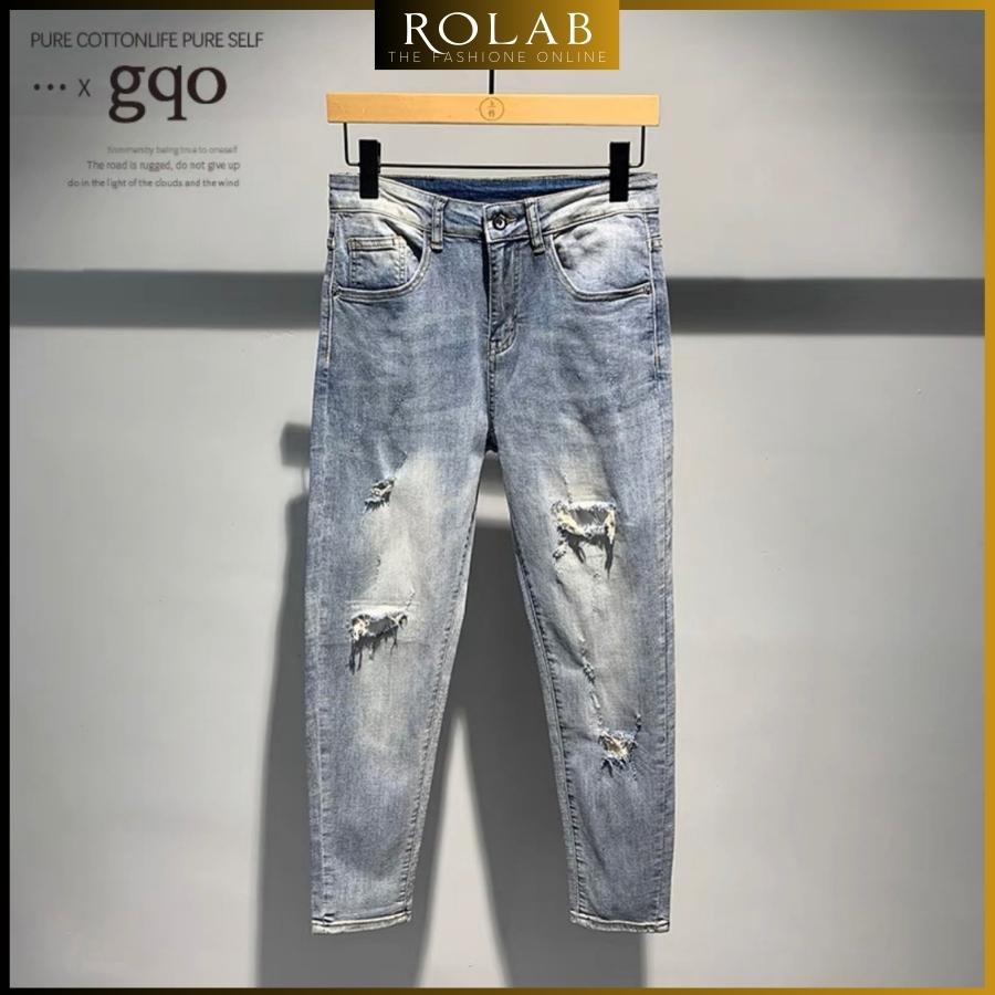 Quần jean nam rách vá da màu đen trơn chất liệu bò cao cấp co dãn 4 chiều form dáng skinny mẫu mới_ROLAB QJ 111