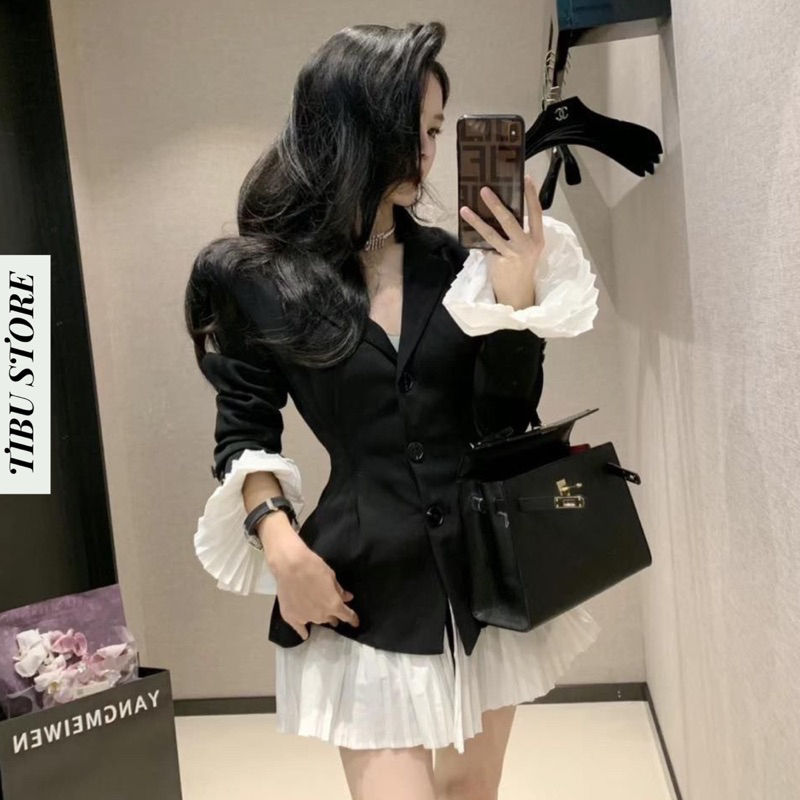 Set Áo Blazer Tay Loe Phối Chân Váy Xếp Ly TIBU Đầm Nữ Dáng Ngắn Màu Đen Dày Dặn Sang Chảnh Thanh Lịch Hàn Quốc