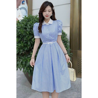 Đầm hotnew công sở mặc đi công việc lụa kate kẻ sọc cổ bèo trắng sơ mi tay ngắn váy xoè thắt nơ