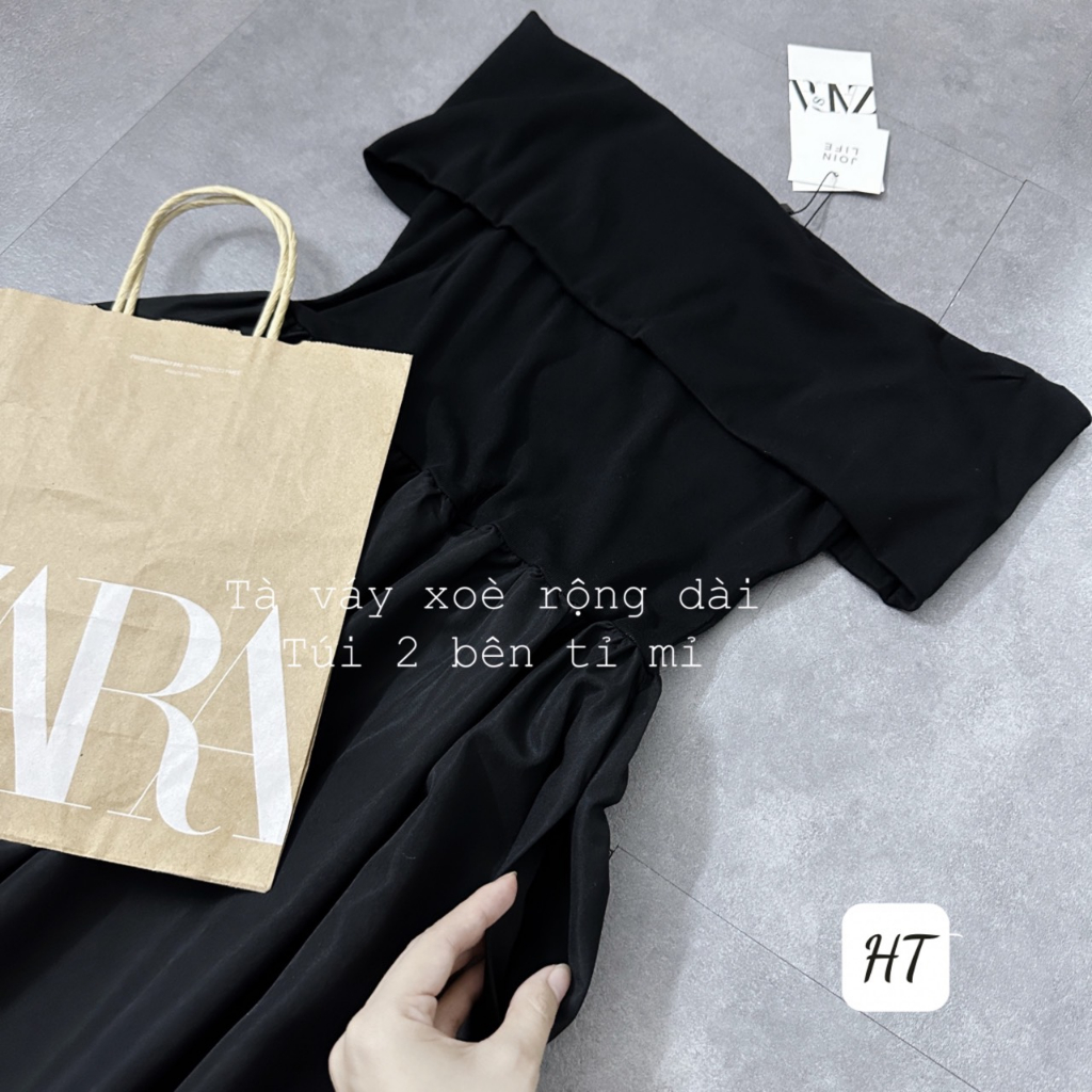 🌸 FREESHIP🌸 VÁY ĐEN TRỄ VAI PHỐI THÂN XOÈ