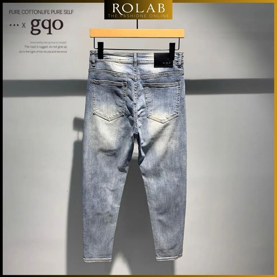 Quần jean nam rách vá da màu đen trơn chất liệu bò cao cấp co dãn 4 chiều form dáng skinny mẫu mới_ROLAB QJ 111