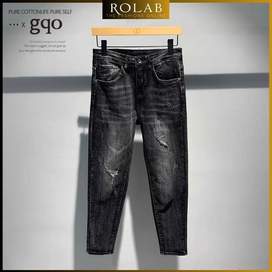 Quần jean nam rách vá da màu đen trơn chất liệu bò cao cấp co dãn 4 chiều form dáng skinny mẫu mới_ROLAB QJ 111
