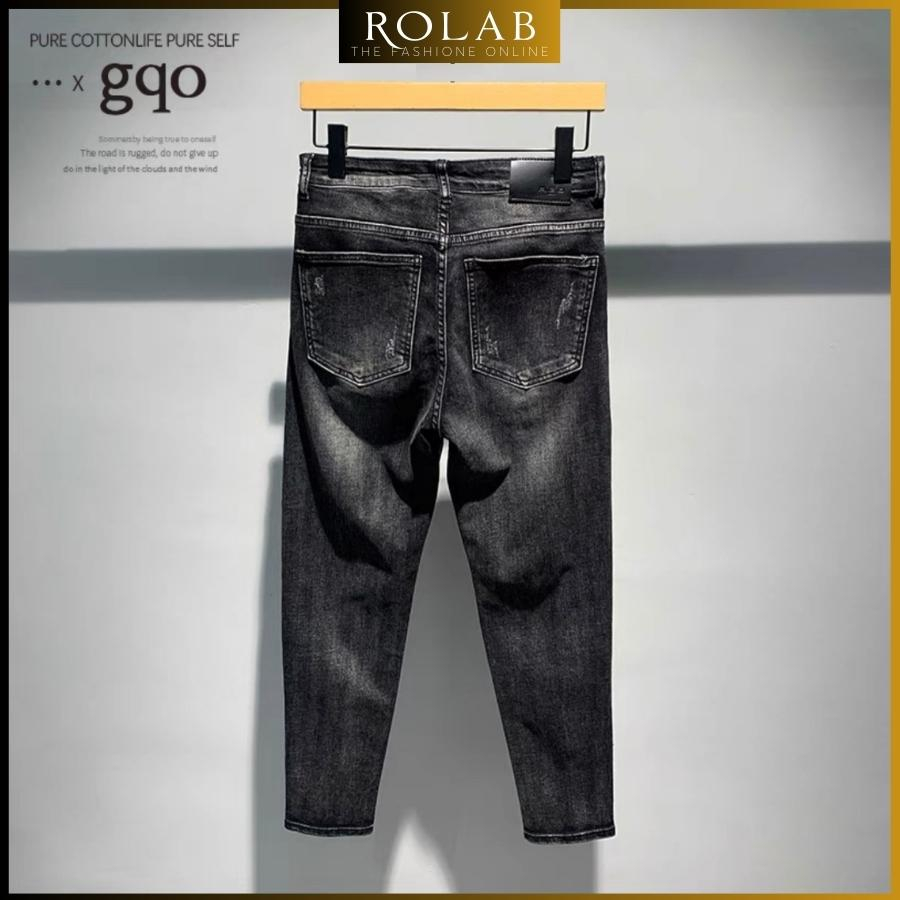 Quần jean nam rách vá da màu đen trơn chất liệu bò cao cấp co dãn 4 chiều form dáng skinny mẫu mới_ROLAB QJ 111