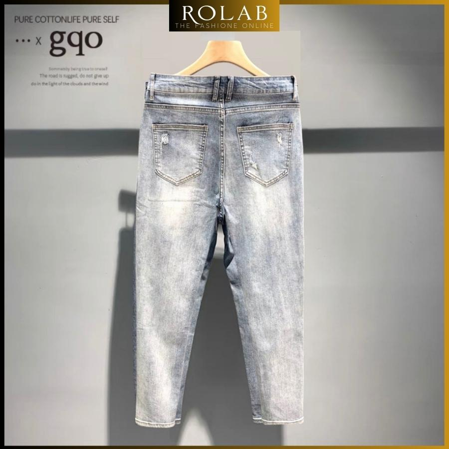 Quần jean nam rách vá da màu đen trơn chất liệu bò cao cấp co dãn 4 chiều form dáng skinny mẫu mới_ROLAB QJ 111