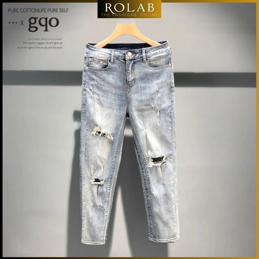 Quần jean nam rách vá da màu đen trơn chất liệu bò cao cấp co dãn 4 chiều form dáng skinny mẫu mới_ROLAB QJ 111