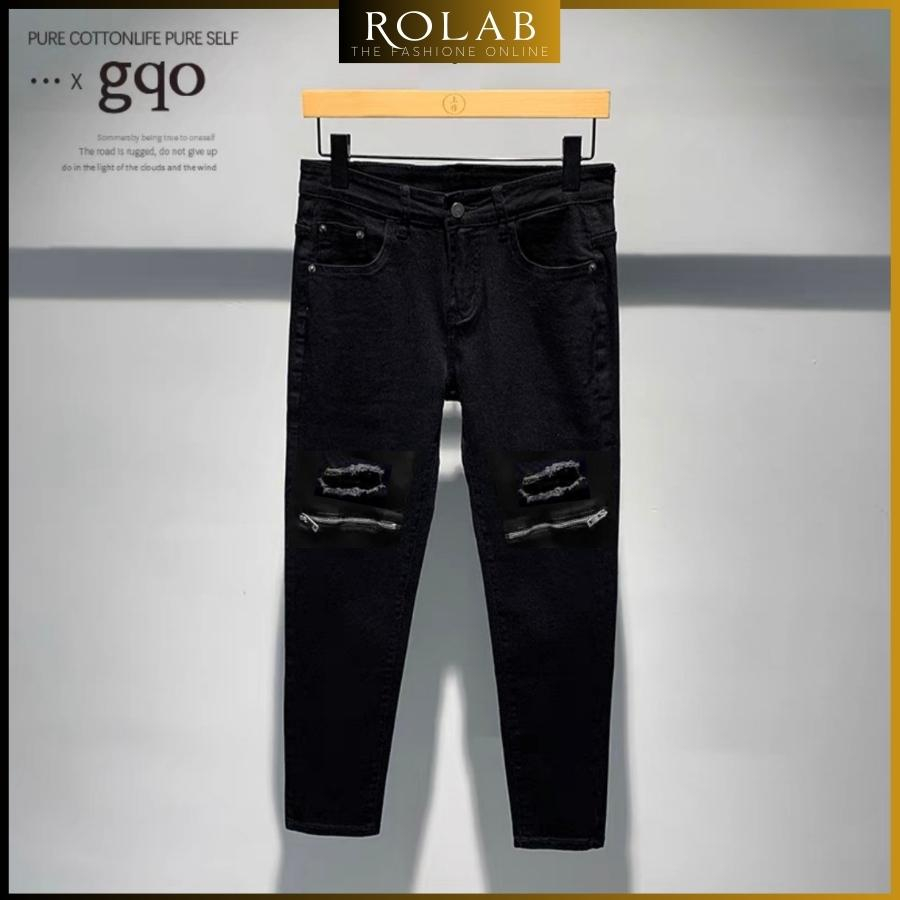 Quần jean nam rách vá da màu đen trơn chất liệu bò cao cấp co dãn 4 chiều form dáng skinny mẫu mới_ROLAB QJ 111