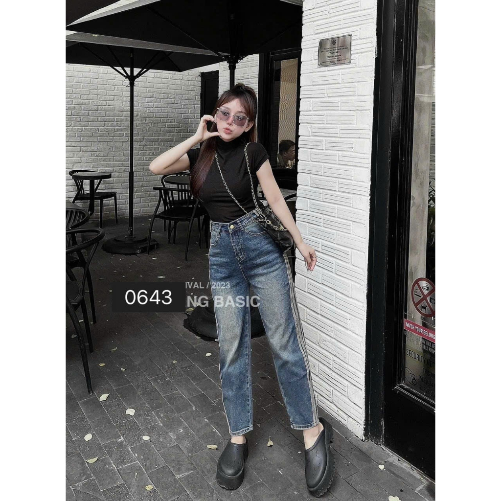 Quần Jeans Baggy Nữ, Quần Bò Nữ Trơn Lưng Cao Phối Viền 2 Bên Phong Cách Cá Tính
