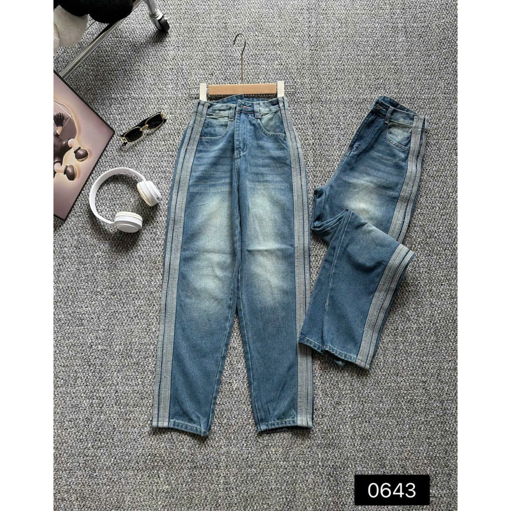 Quần Jeans Baggy Nữ, Quần Bò Nữ Trơn Lưng Cao Phối Viền 2 Bên Phong Cách Cá Tính