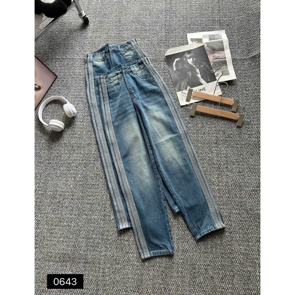 Quần Jeans Baggy Nữ, Quần Bò Nữ Trơn Lưng Cao Phối Viền 2 Bên Phong Cách Cá Tính
