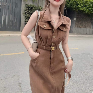 Đầm kaki dáng dài cổ sơ mi cụt tay dễ thương kèm đai lưng siêu chất