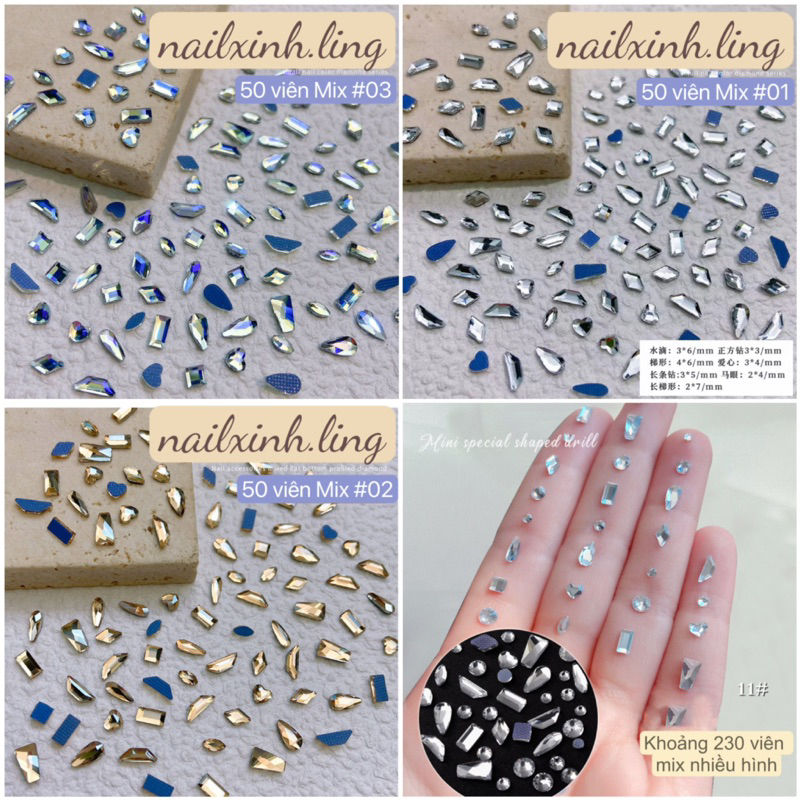 Set 50 Viên Đá Nail Sáng Loại 1  CY0479-R16/ Gói Đá Khối Chân Bằng Cao Cấp / Đá Chân Keo 3D Lấp Lánh