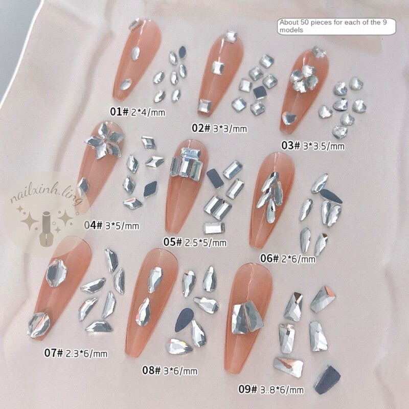 Set 50 Viên Đá Nail Sáng Loại 1  CY0479-R16/ Gói Đá Khối Chân Bằng Cao Cấp / Đá Chân Keo 3D Lấp Lánh