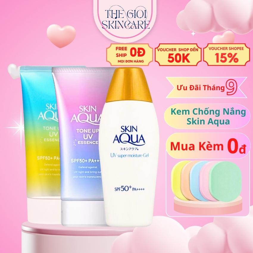 Kem Chống Nắng Skin Aqua, Nắp Vàng Tím Và Xanh SPF 50+ Nâng Tone Phổ Rộng Cho Da Dầu Mụn Da Khô Nhạy Cảm Nhật Bản