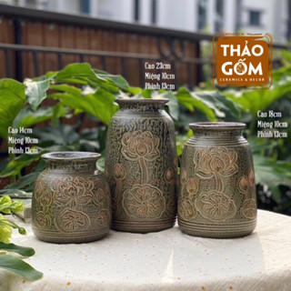 Bộ 3 bình gốm khắc tay họa tiết hoa sen - Bộ 3 lọ hoa trang trí men mộc cổ kính - Set 3 bình hoa gốm khắc tay men mộc