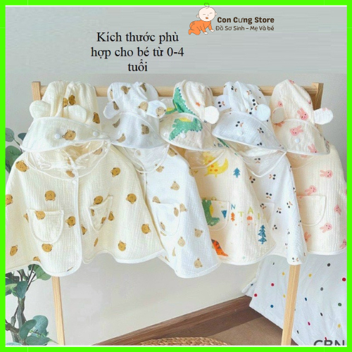 Áo choàng cánh dơi vải muslin chống nắng có nút gài có mũ cho bé từ 0-4 tuổi