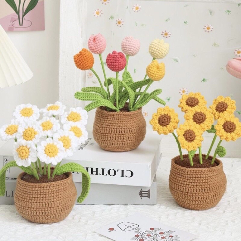 Chậu hoa 🌷 nhiều loại bằng len size lớn trang trí phòng, làm quà tặng chill chill đồ đó