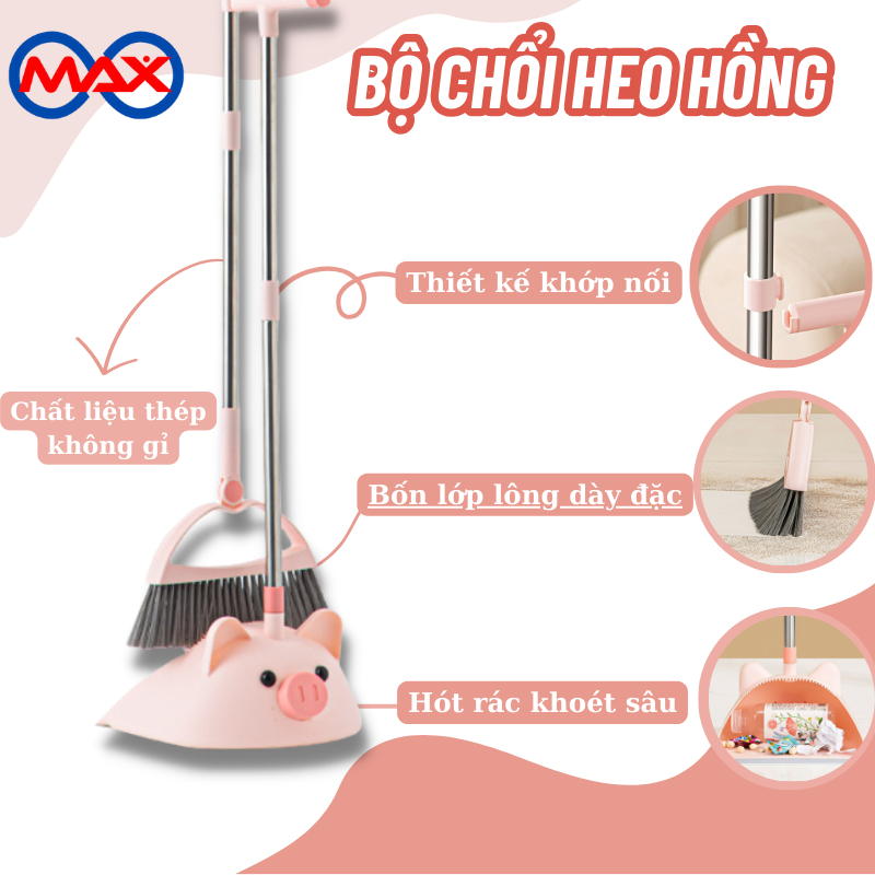 Bộ chổi hót rác heo hồng dễ thương chổi thiết kế gập 45 độ quét các góc siêu xinh siêu nhẹ dễ dàng tháo lắp
