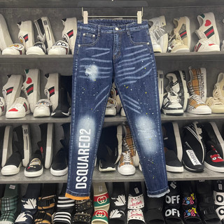 Quần jean nam Dsq2 slimfit xanh bạc rách xước vảy sơn dập chữ Dsquared2 dọc ống xắn cam, quần bò nam DSQ hot trend 2023