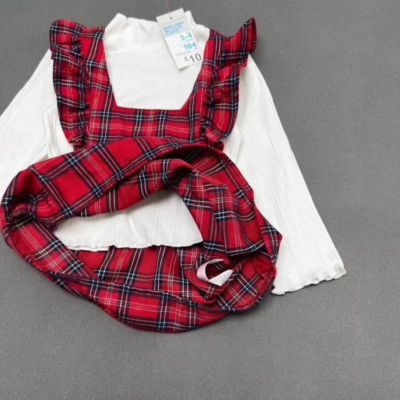 Set áo + yếm váy thu đông sọc caro đỏ Primarkkk xịn sz 2/3y-7/8y