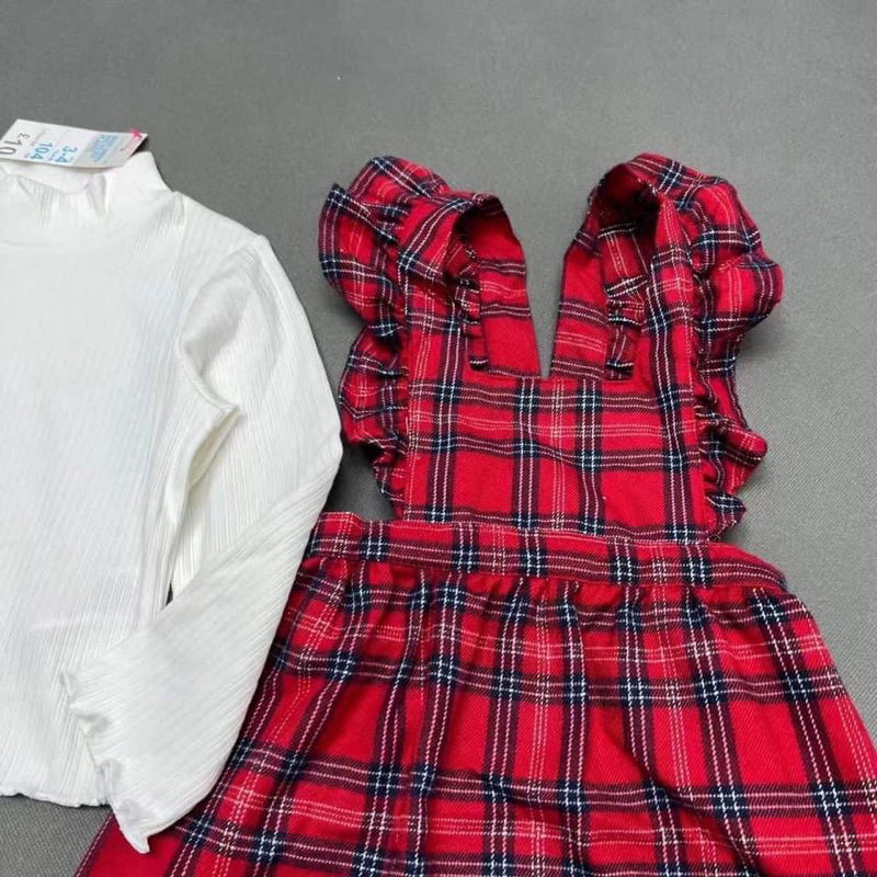 Set áo + yếm váy thu đông sọc caro đỏ Primarkkk xịn sz 2/3y-7/8y