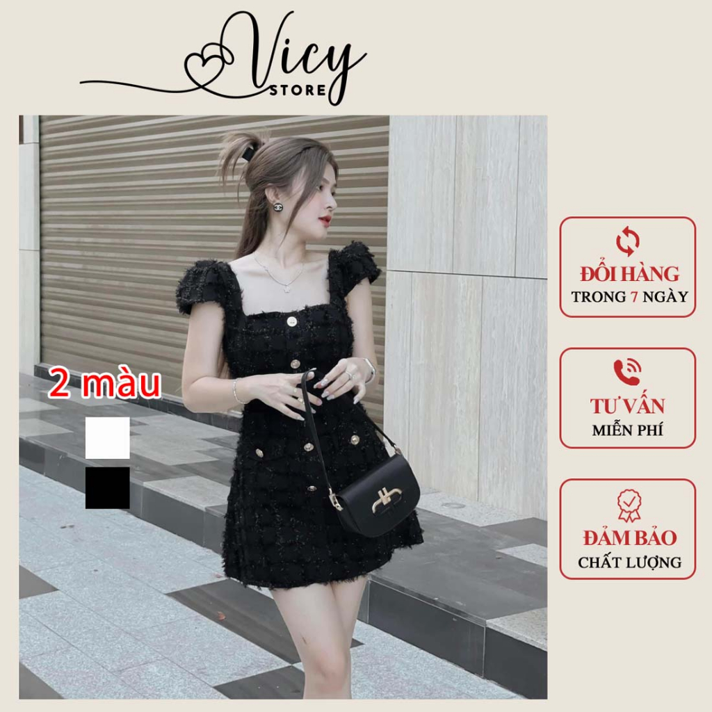 Váy dự tiệc dạ lông cổ vuông đính khuy cao cấp, đầm chữ A dáng ngắn sang chảnh đi tiệc đi chơi Vicy DTDHNGA01