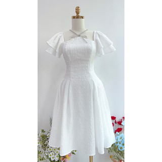 V348 Váy trắng xòe tay cánh tiên nữ tính [Hà Thanh&RENCY] váy đầm trẵng cổ yếm nơ ngực sang chảnh