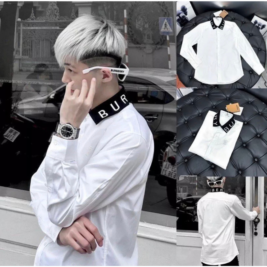 Áo Sơ Mi Burberry BBR Dài Tay Cổ Dệt Chữ Thêu Phong Cách Thời Trang Cao Cấp