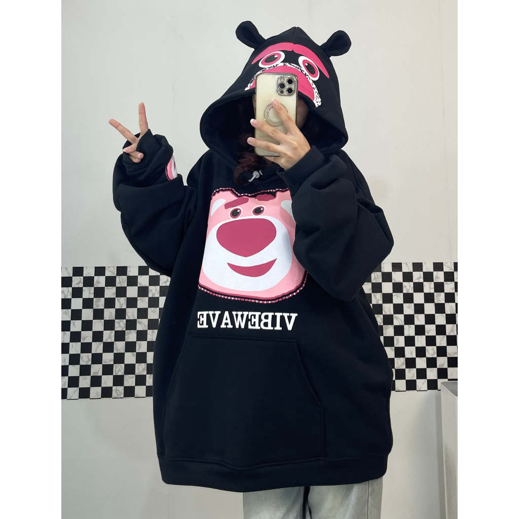 Áo hoodie gấu dâu,áo nỉ có mũ dày hai lớp có tai gấu siêu dày dặn màu đen form rộng nam nữ cute ,đáng yêu hottrend