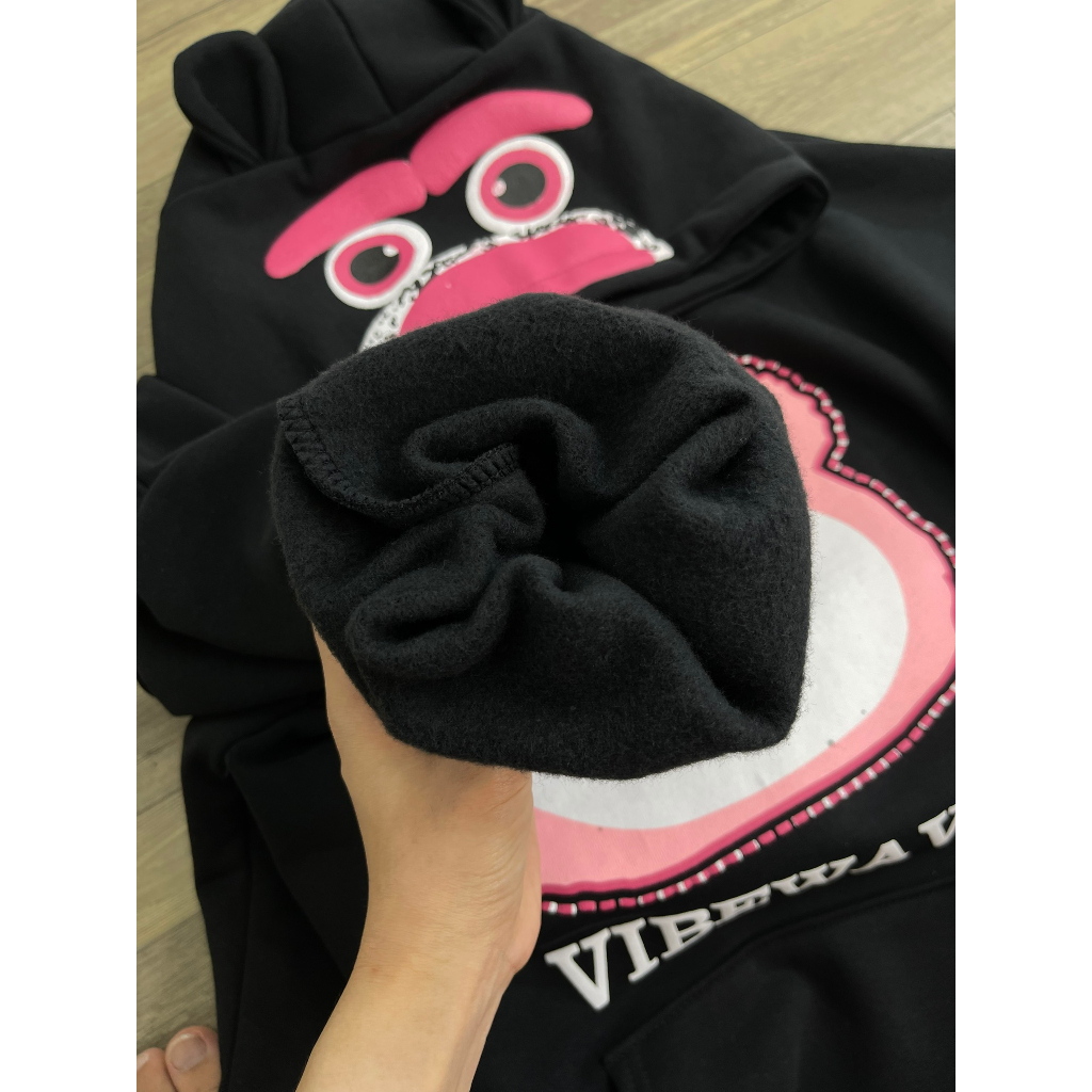 Áo hoodie gấu dâu,áo nỉ có mũ dày hai lớp có tai gấu siêu dày dặn màu đen form rộng nam nữ cute ,đáng yêu hottrend