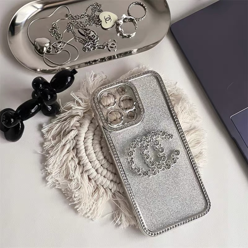 Ốp lưng nhũ kim tuyến bling đính đá CHA NEL HOA cạnh vuông cho i phone 7 đến 14promax