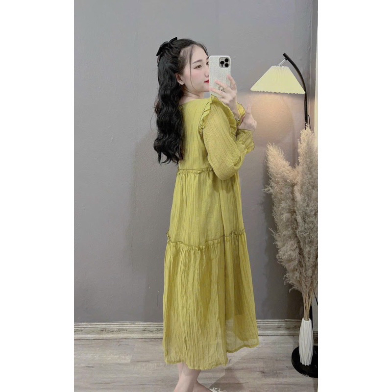 Váy bầu thu đông dài tay tơ nhăn 3tầng Z02