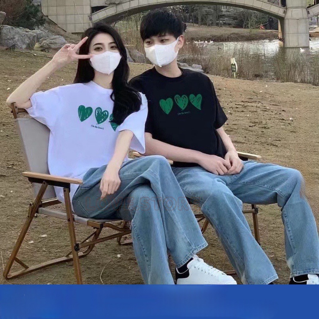 Áo cặp nam nữ, áo đôi in hình 3 trái tim đáng yêu phong cách hàn quốc chất cotton thoáng mát