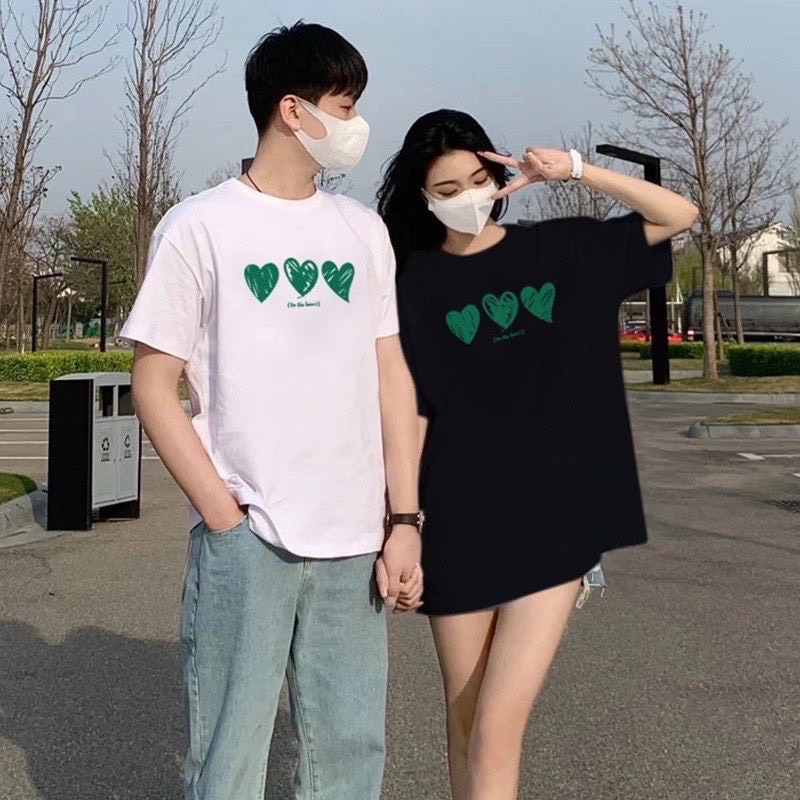 Áo cặp nam nữ, áo đôi in hình 3 trái tim đáng yêu phong cách hàn quốc chất cotton thoáng mát
