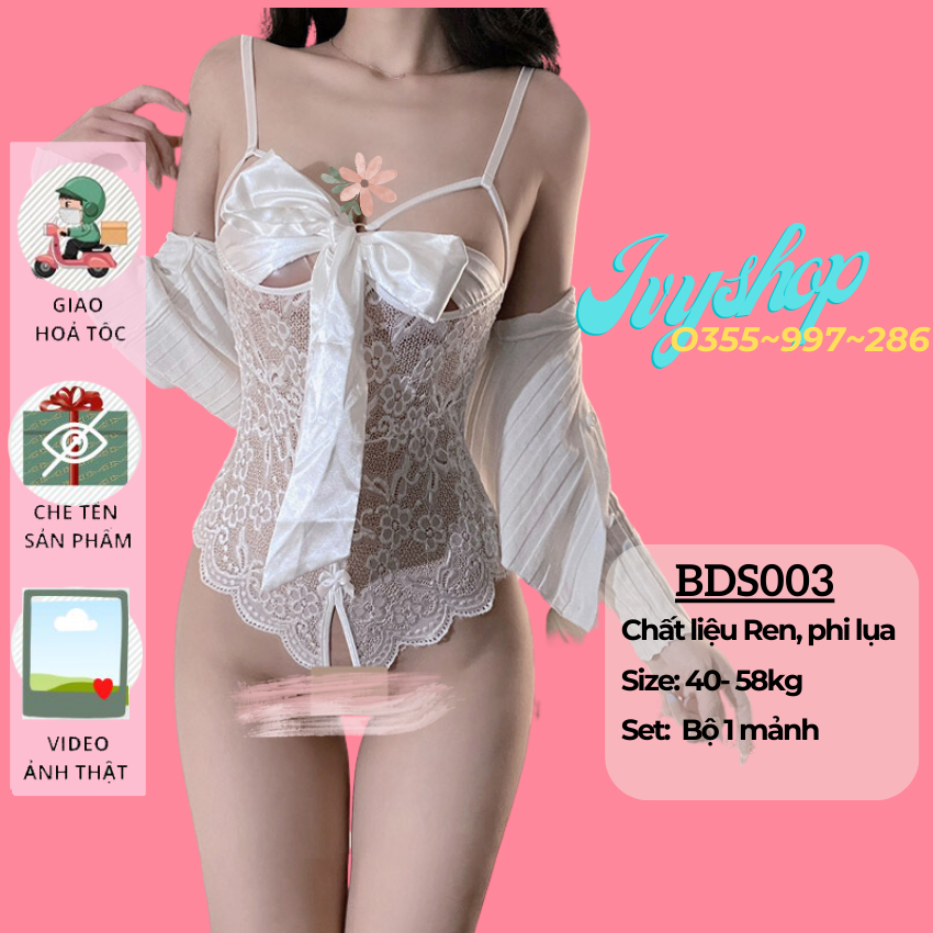 Bodysuit ren sexy phối nơ ngực, váy ngủ jum xẻ đáy gợi cảm ren xuyên thấu - Bds003  #99