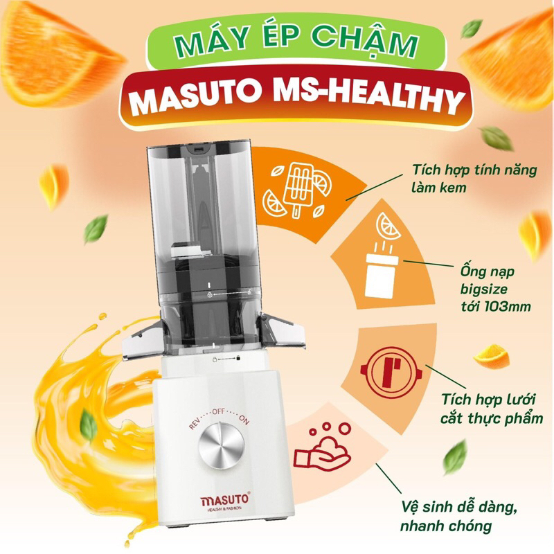 Máy ép chậm trái cây Masuto ép nguyên quả kiệt bã Dung tichd 0.6l làm nước ép- tặng kèm cốc