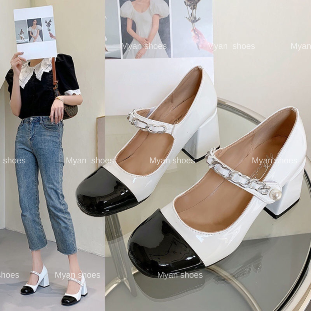 Giày cao gót quai xích đế vuông thời trang da bóng sang xịn