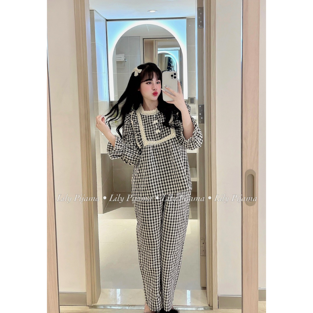 Bộ Ngủ Pijama Mặc Nhà Dài Tay Kẻ Caro Chất Đũi Dễ Thương HIPEE, Tay Áo Bo Chun Tiểu Thư