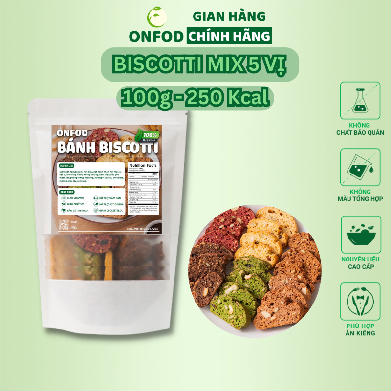 Bánh ăn kiêng biscotti ONFOD mix 5 vị cho người tiểu đường, giảm cân, ăn kiêng, bà bầu 250g 500g