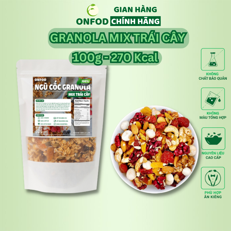 Ngũ cốc granola ONFOD siêu hạt mix hoa quả trái cây ăn kiêng giảm cân thêm macca, óc chó đỏ, dâu tây 500g