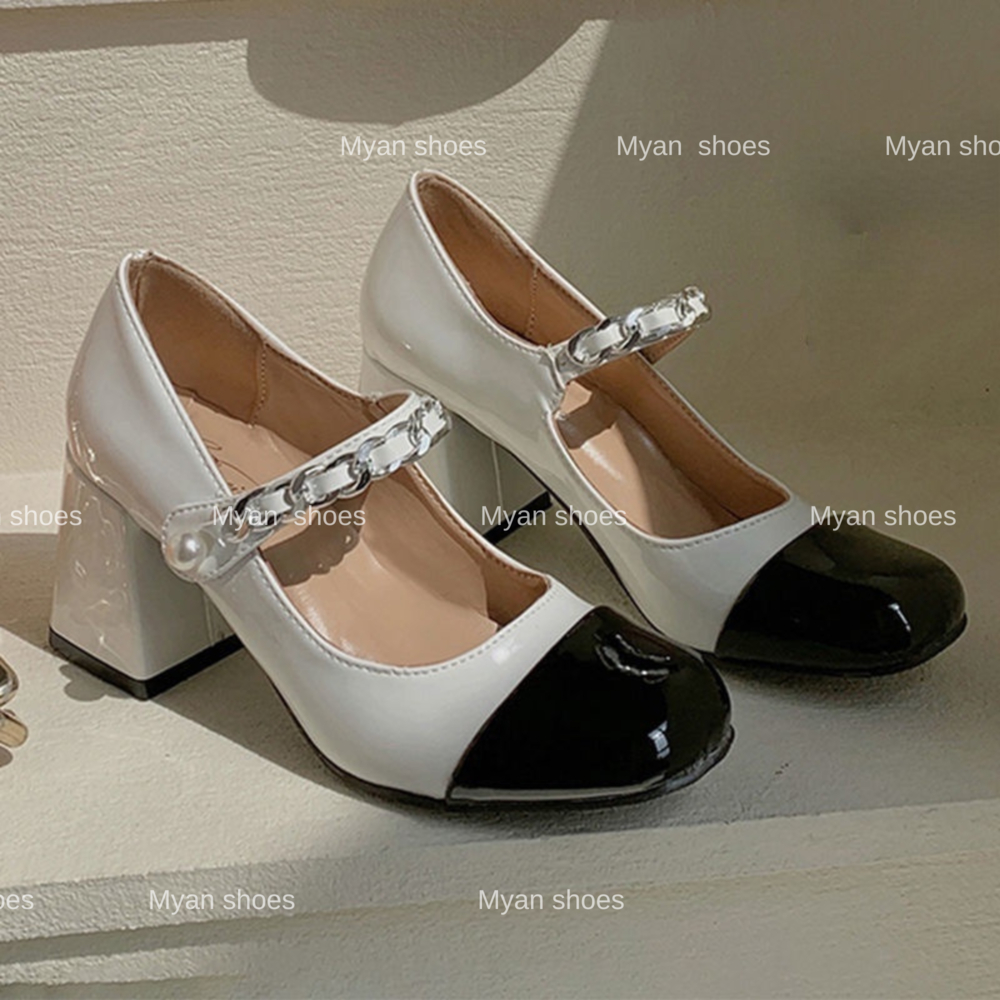 Giày cao gót quai xích đế vuông thời trang da bóng sang xịn