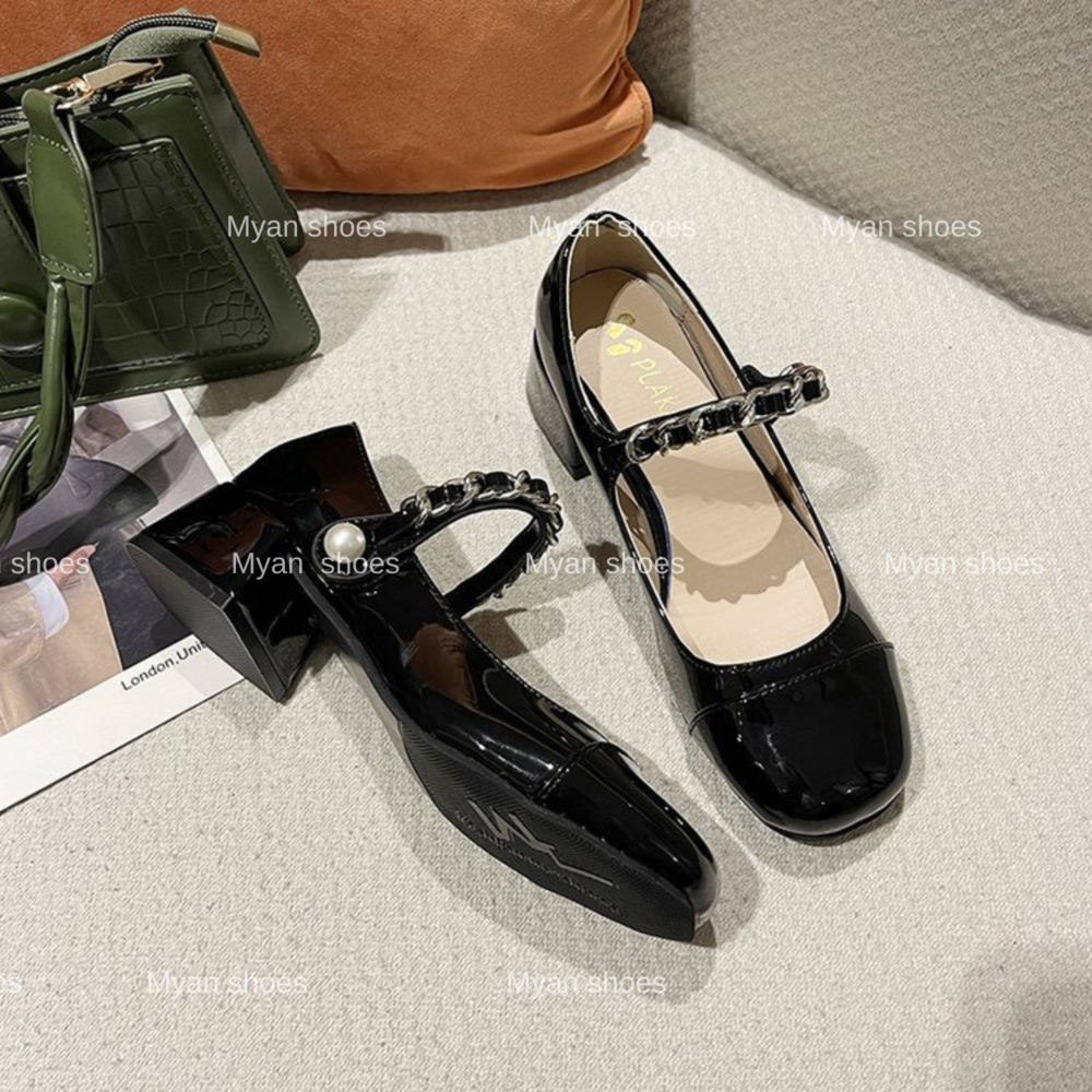 GIÀY CAO GÓT HOT TREND MÀU ĐEN BÓNG QUAI NGANG PHỐI XÍCH CUTE CỰC HOT