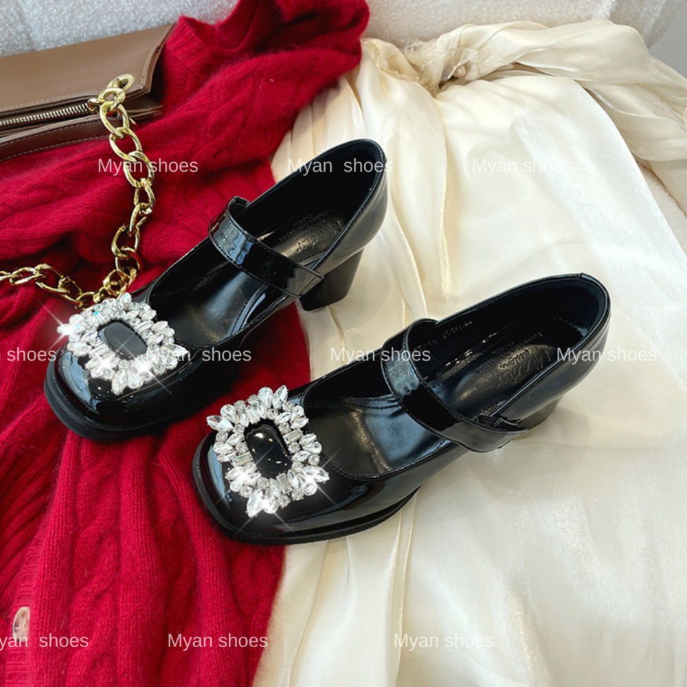 Giày cao gót đính đá mary jane siêu cute, giày gót vuông tiểu thư hot trend