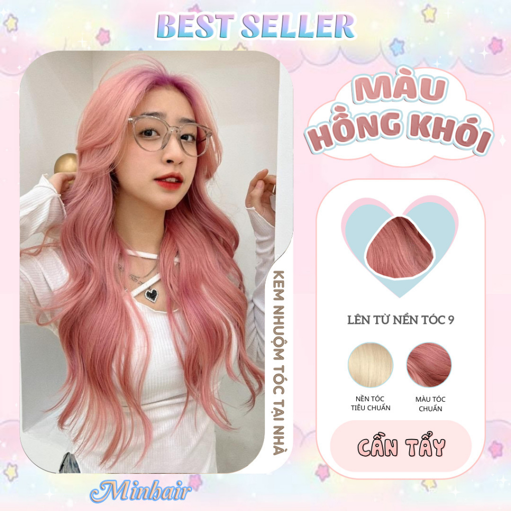 Thuốc nhuộm tóc Hồng, thuốc nhuộm tóc Hồng Khói. MinHair tặng kèm oxy trợ dưỡng và bao tay