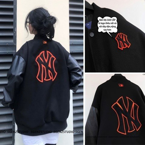 Áo khoác bomber MLB NY phối tay da chất dạ- Áo bomber nam nữ form chuẩn logo thêu cao cấp