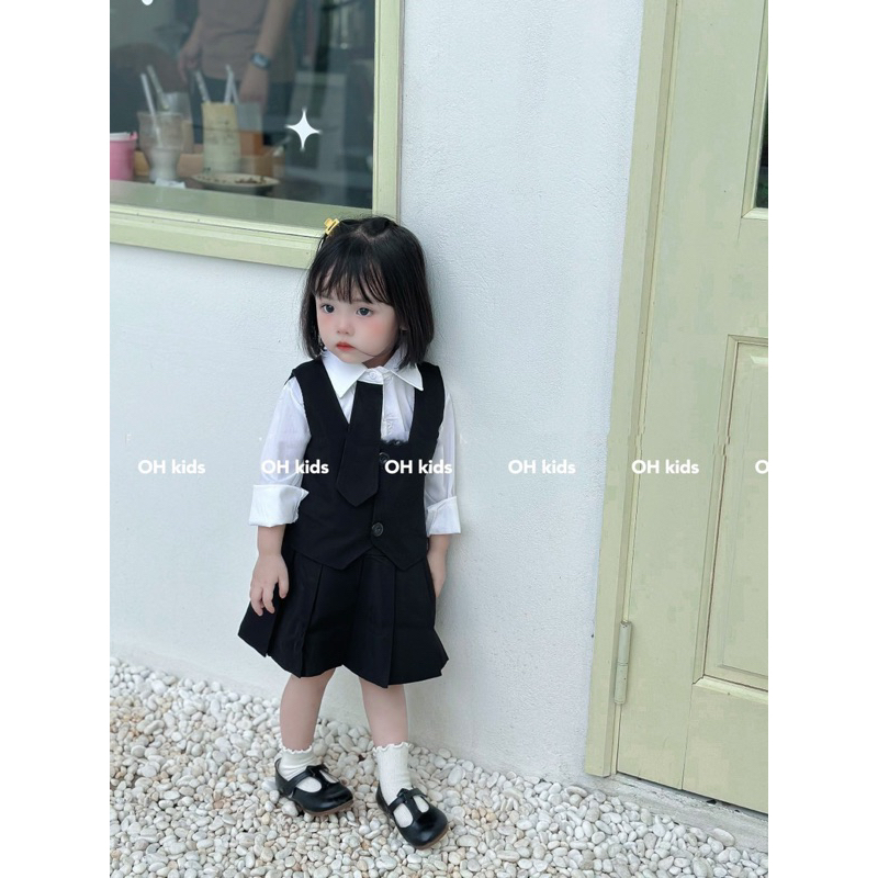 Set váy gile 3ct cà vạt đen bé gái