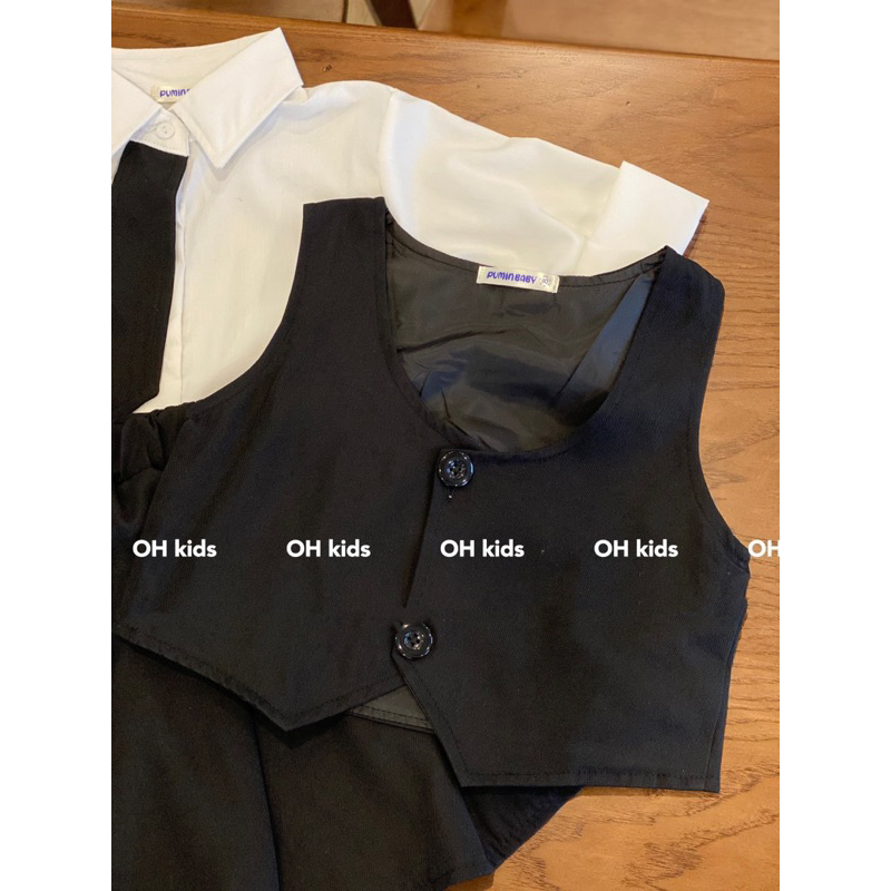 Set váy gile 3ct cà vạt đen bé gái