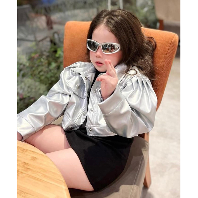 Đầm váy body cotton kèm áo khoác da bạc cho bé gái 10-30kg