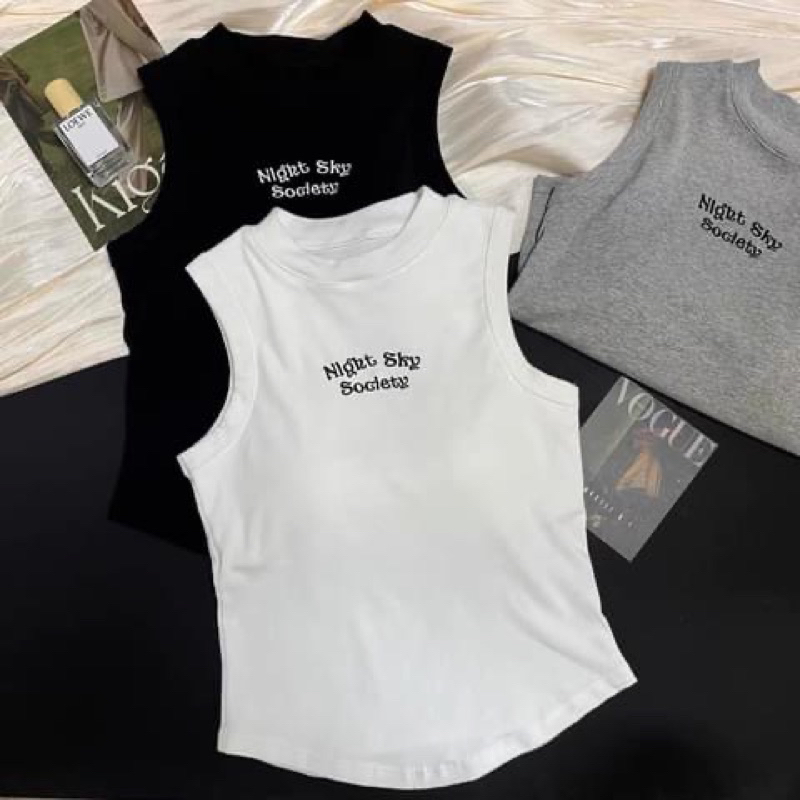 Áo bra sát nách cổ cao chữ thêu Sky phong cách trẻ trung kèm đệm mút