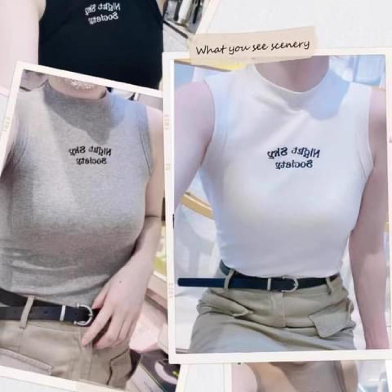 Áo bra sát nách cổ cao chữ thêu Sky phong cách trẻ trung kèm đệm mút