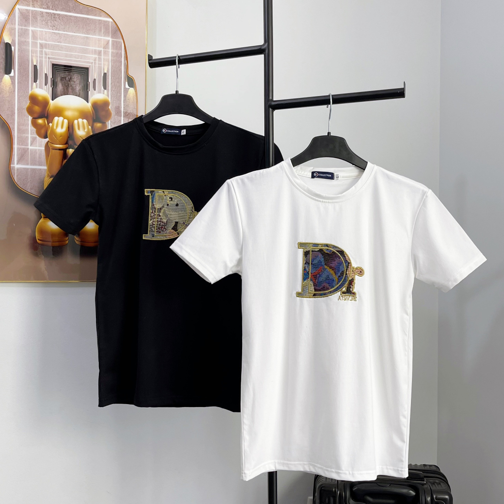 Áo thun cổ tròn thêu chữ LV và mẫu thêu hình gấu nam nữ mặc được chất thun cotton co dãn 4 chiều kiểu dáng trẻ trung